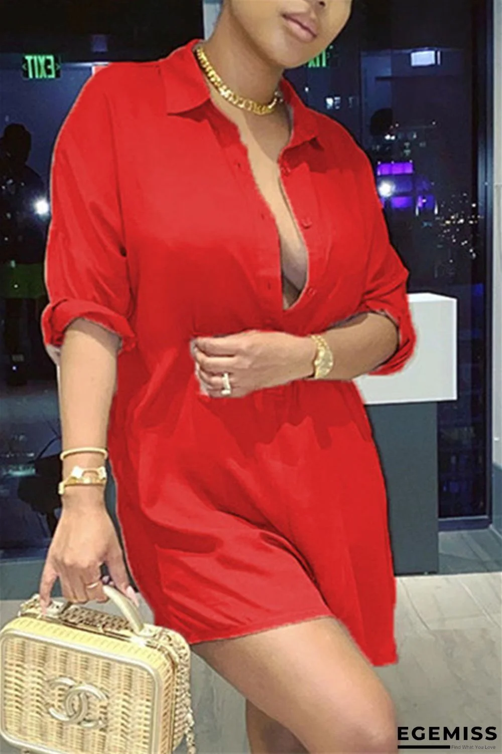 Red Sexy Solid Buttons Turndown Collar Skinny Jumpsuits | EGEMISS