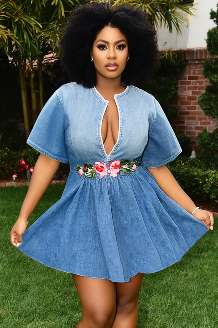 Notch Neck Floral Embroidery Washed Denim Mini Dresses-Blue [Pre Order]