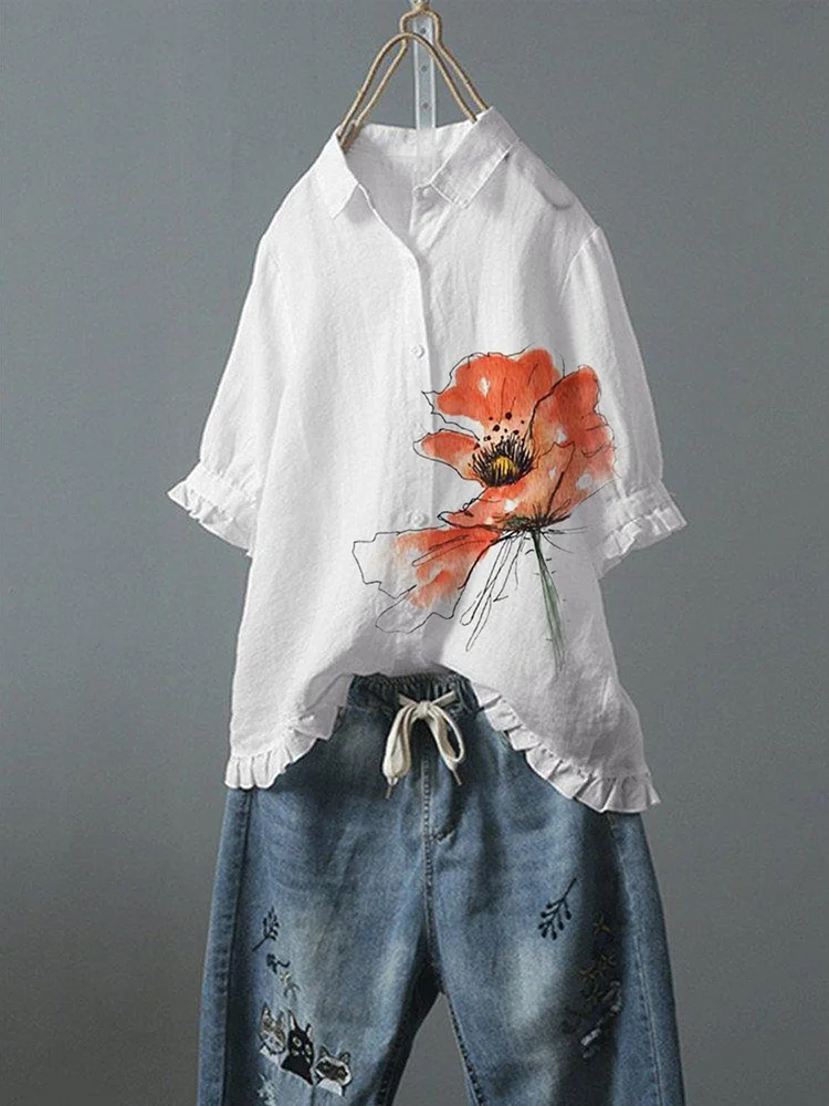 Floral print casual women's loose-fitting shirt