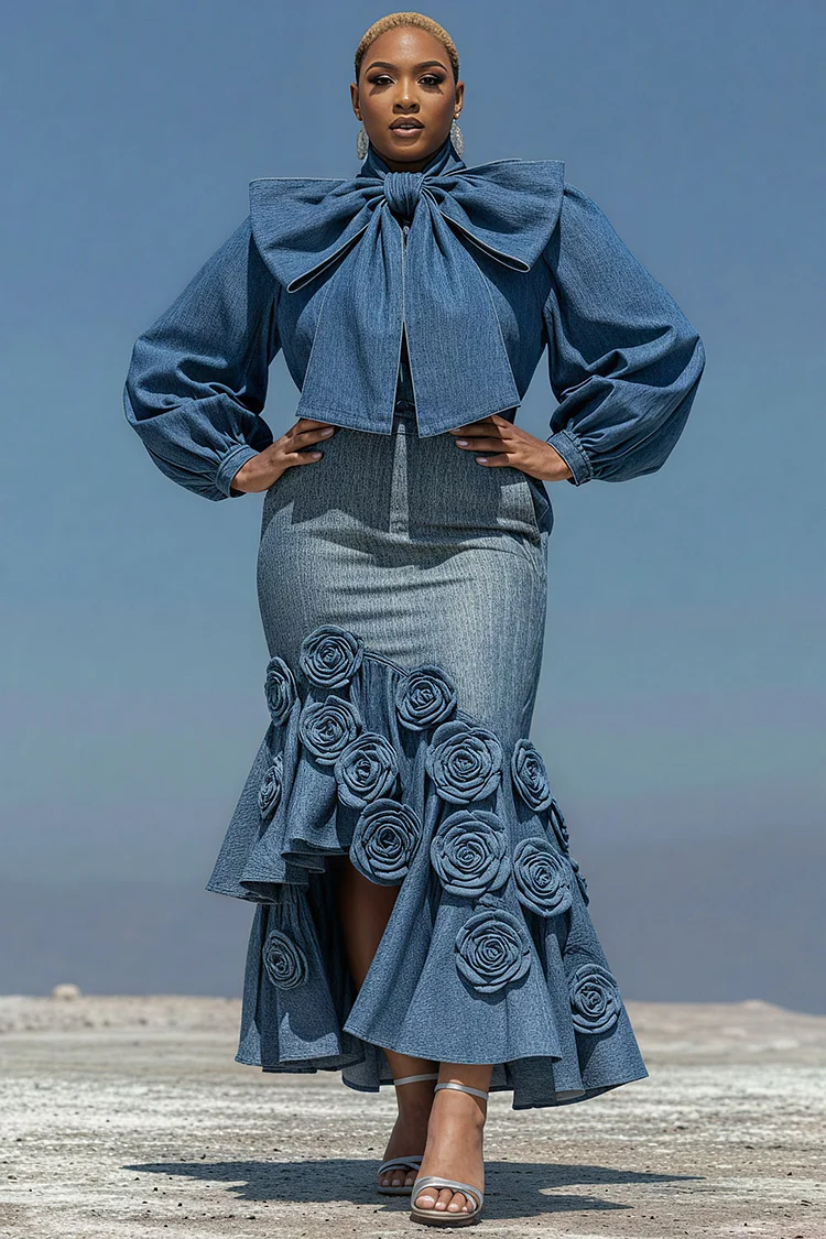 Xpluswear Design Plus Size Cocktail Party Blue Puff Sleeve Long Sleeve Bodycon Elegant Bow Tie Denim Two Piece Skirt Sets 2024 - Xpluswear
