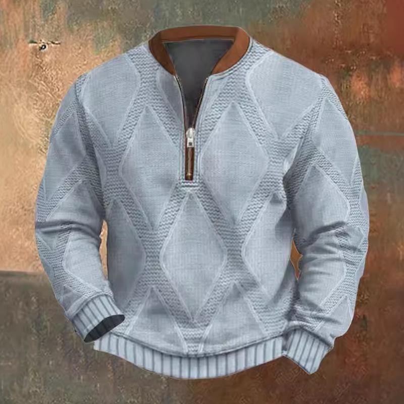 Men's Solid Color Texture Zipper Round Neck Long Sleeve Casual Sweatshirt 70808311Z