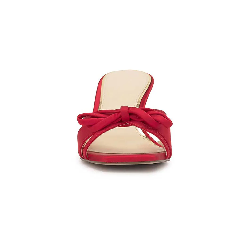 Red Satin Open Square Toe Bow Knot Stiletto Heel Mules Sandals