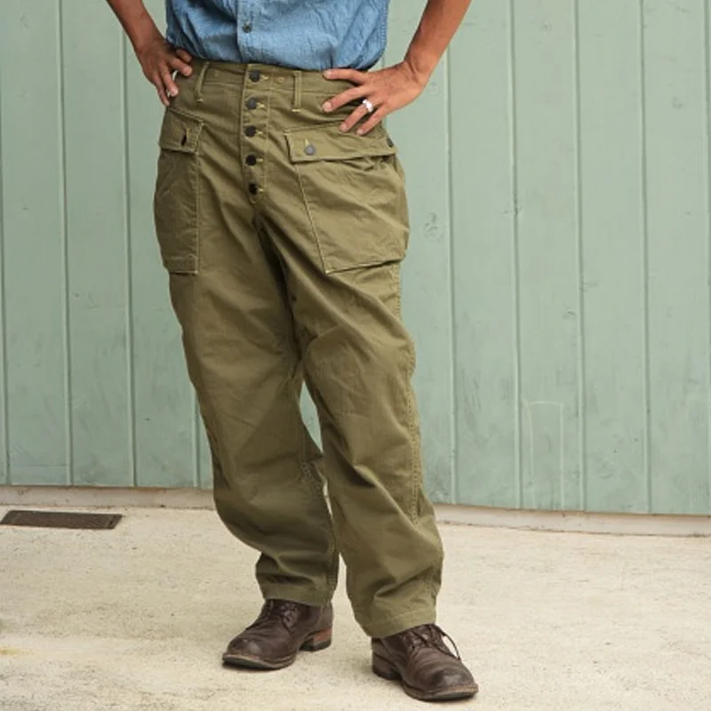 1940s 'M-44' Military Heavy Herringbone Twill Olive Trousers