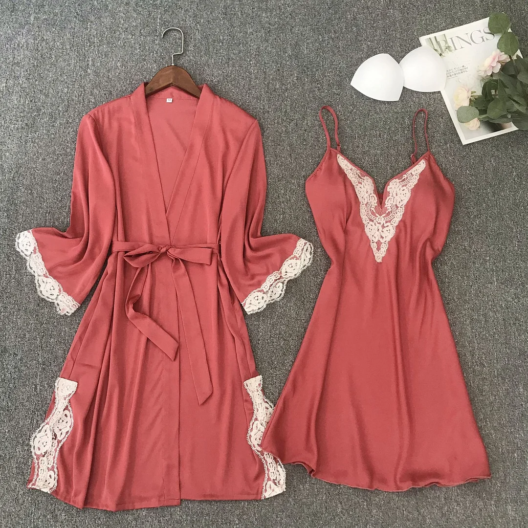 Bride Bridesmaid Wedding Robe Set Satin V-Neck Nightgown&amp;Bathrobe Suit Women Lace Trim Kimono Bath Gown Lounge Negligee