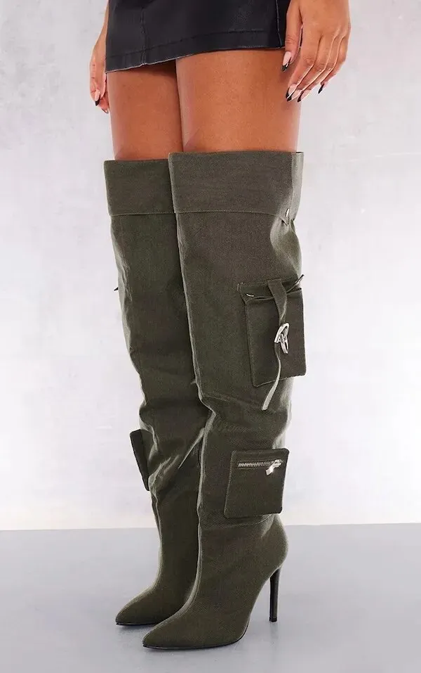 VCSHOES WomenSimple Army Green Pocket Boots Knee High Pointed Toe Wrinkled Large Mouth Boots Casual 44