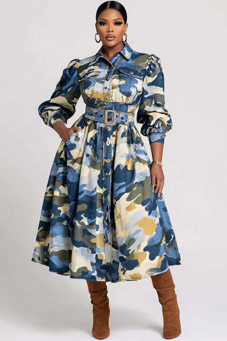 Xpluswear Design Plus Size Daily Light Blue Camo Shirt Collar Puff Sleeve Long Sleeve Pocket Casual Midi Dresses 2024 - Xpluswear