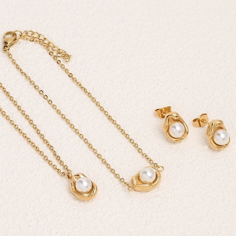 Princess Sweet Round Heart Shape 304 Stainless Steel Imitation Pearl Rhinestone Jewelry Set