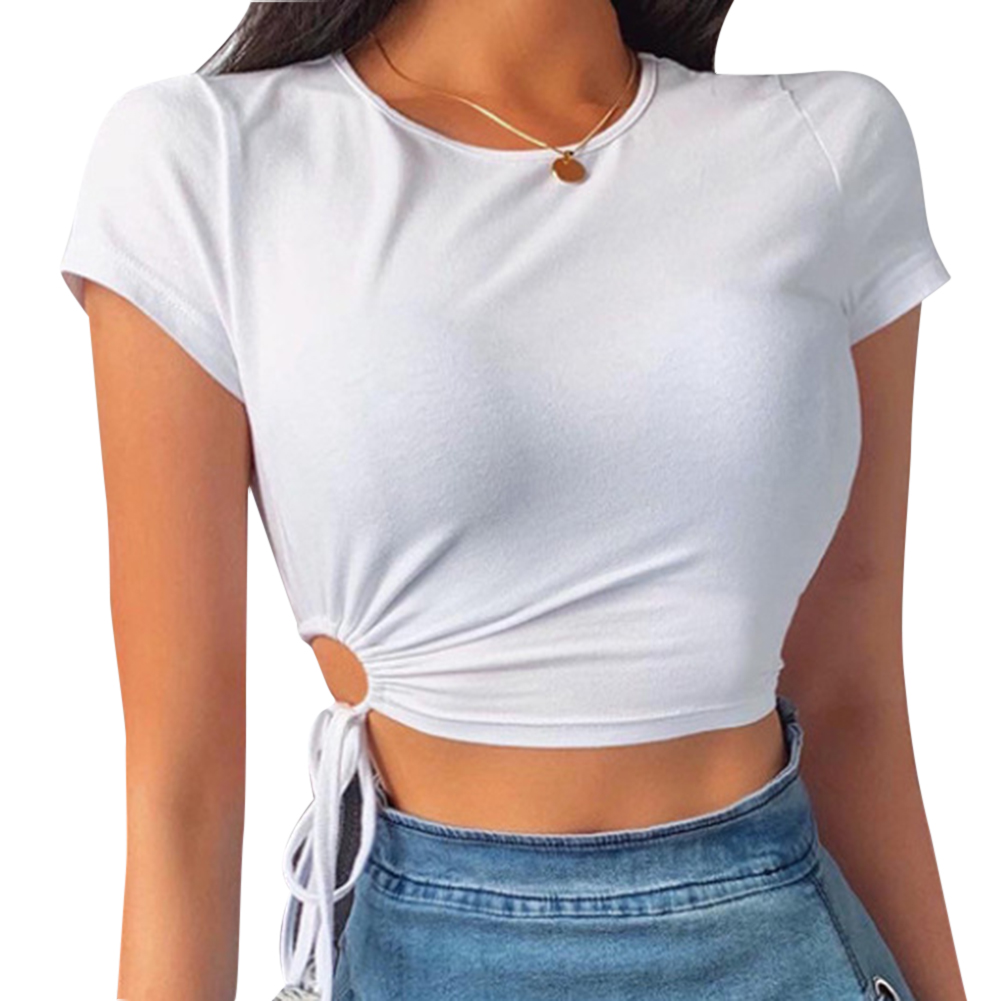 

Women O Neck Drawstring Crop Tops Casual Short Sleeve T-shirt White, 501 Original