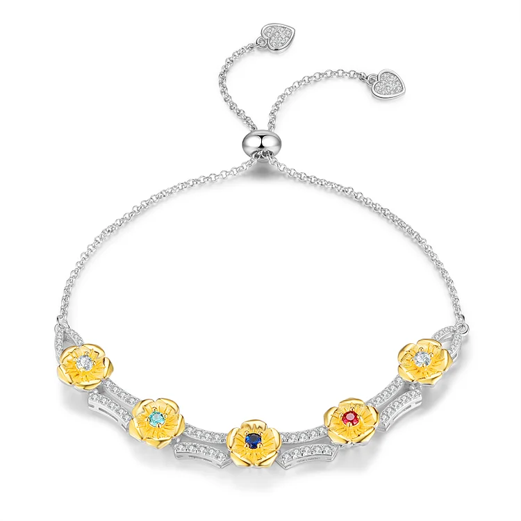 Personalized Flower Bracelet With 3 Birthstone Engraved Bracelet Gift For Women