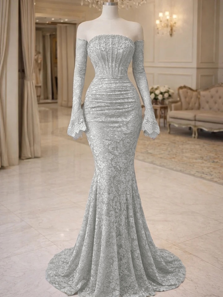Lussooy Elegant Lilac Sleeveless Beaded Lace Mermaid Evening Dress With Long Gloves