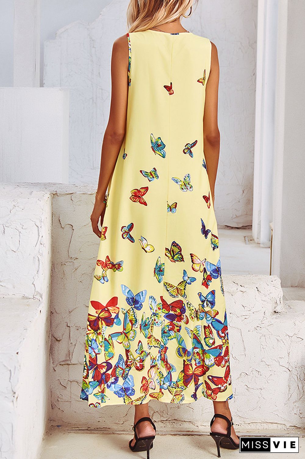 Elegant Butterfly Print Split Joint Pocket V Neck A Line Dresses