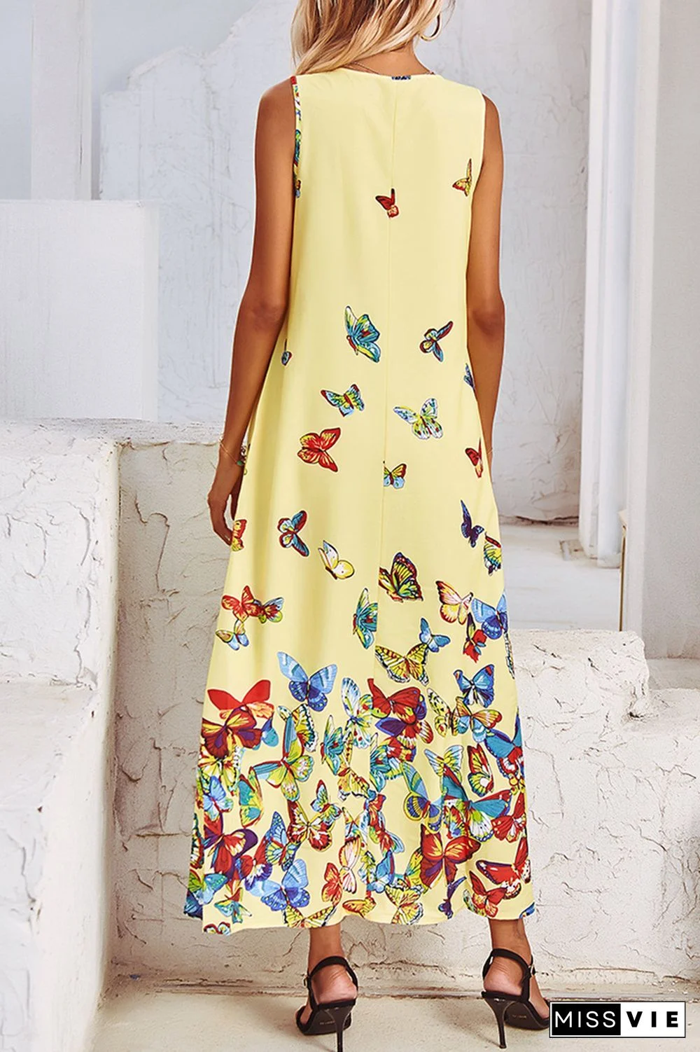 Elegant Butterfly Print Split Joint Pocket V Neck A Line Dresses