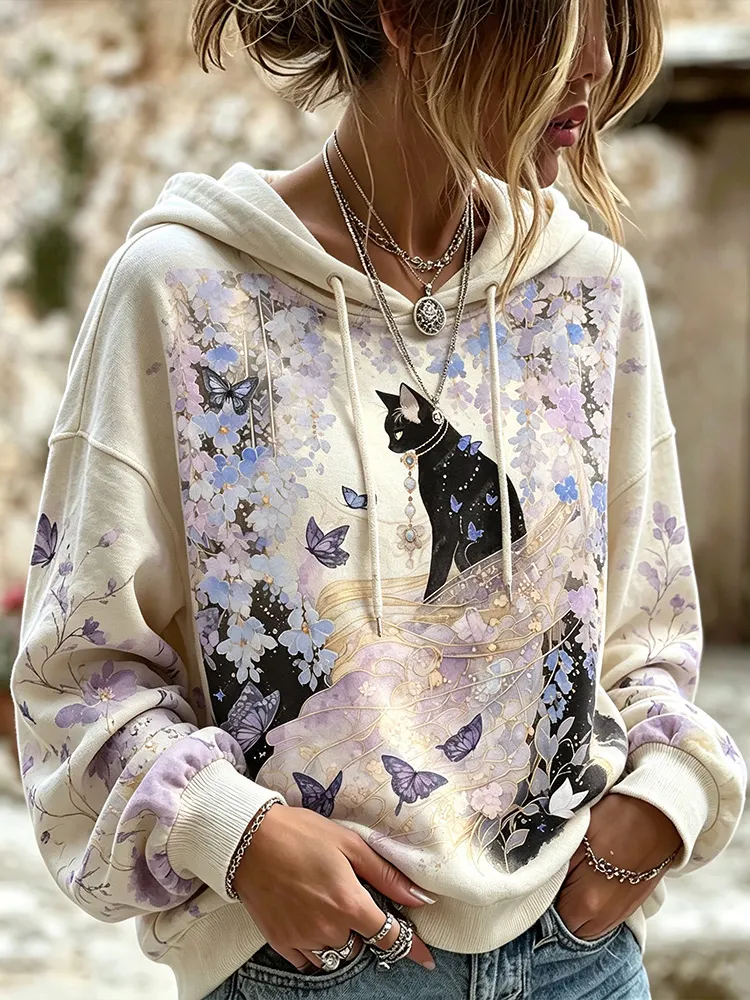 Comstylish Women's Mysterious Black Cat Purple Floral Butterfly Print Bohemian Style Loose Casual Pullover Sweatshirt