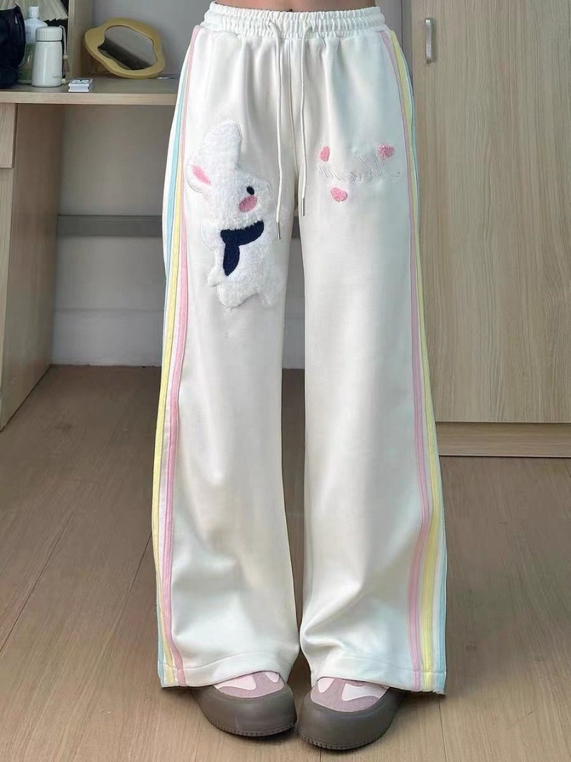 Rialishtic sweat pants outfit Rainbow Striped Japanese Wide Leg Trousers Straight Pants Preppy Style Kawaii Cartoon Rabbit Embroidery Women Y2k Sweet Pant