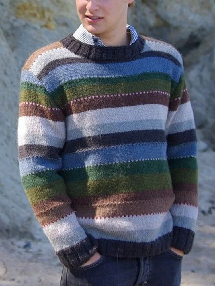 Vintage Colorful Striped Knitted Jacquard Iceland Crew Neck Sweater
