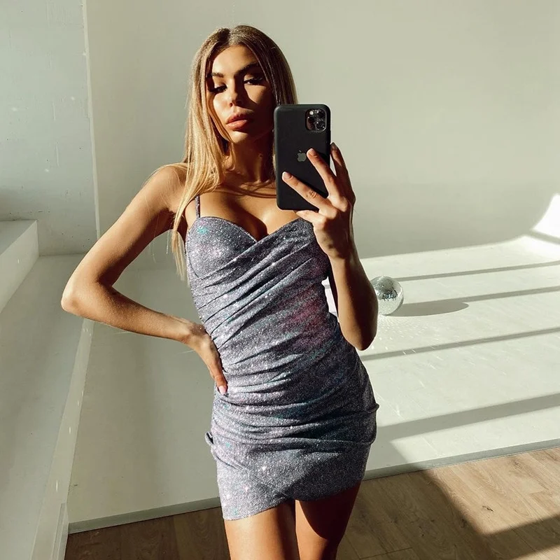 Sdrawing New Shiny Cross Spaghetti Strap Sexy Dress Fashion Nightclub Bodycon Party Dresses Women Evening Elegant Summer Clothes