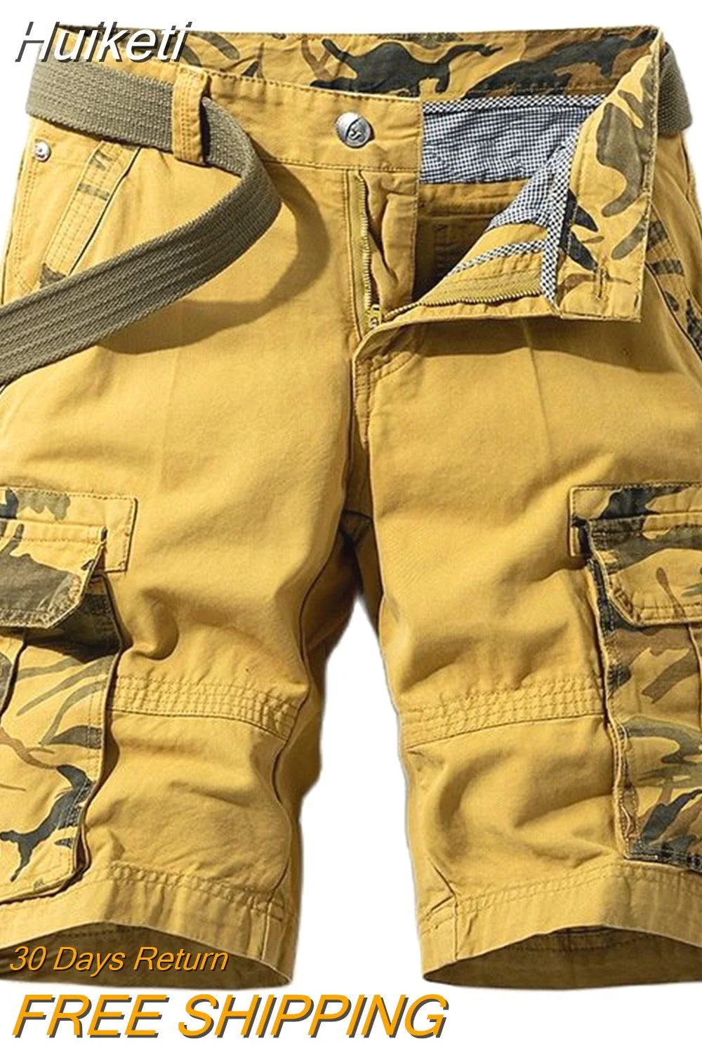 Huiketi Summer Casual Shorts Men Camouflage Print Cargo Shorts Mens Cotton Military Jogger Shorts Regular Knee Length Pants No Belt