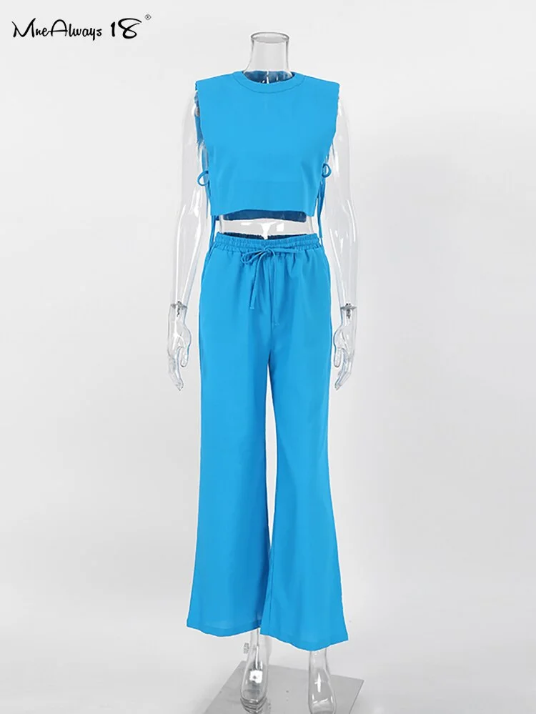 Brownm Summer Khaki Cotton Linen Pants Sets Women Two Pieces Fashion Lace-Up Crop Tops Vacation Wide Legs Long Pants Suits