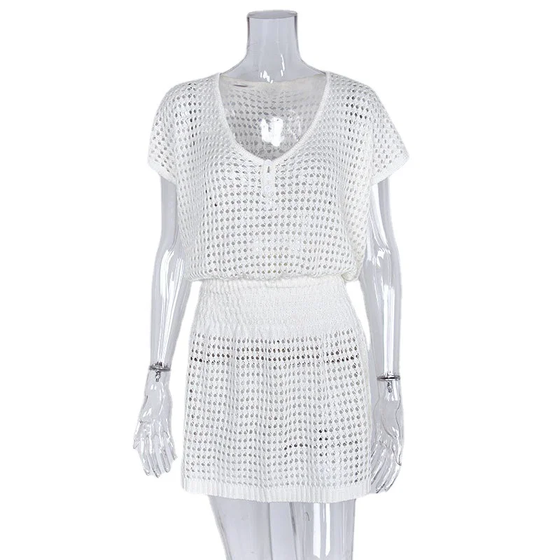 Athvotar Athvotar Suit New Loose Solid Color Waist Hollow Knitted Swimsuit Bikini Shirt Woman