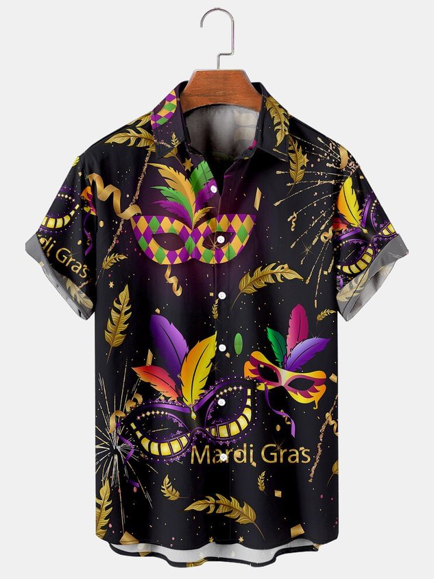 Mens Mardi Gras Carnival Masks Print Casual Breathable Short Sleeve Hawaiian Shirts