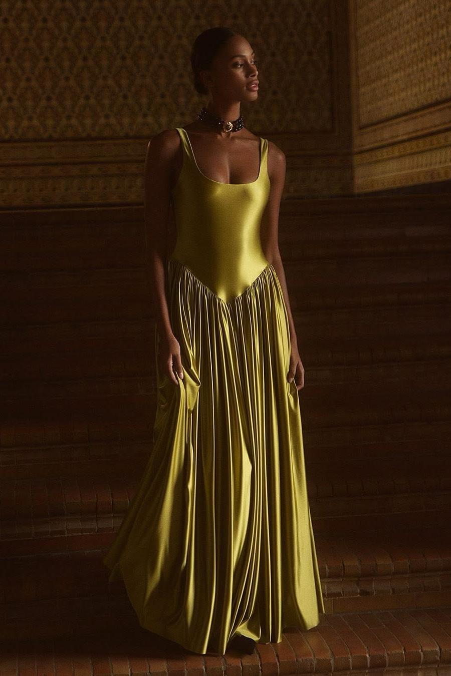 Lussooy Stunning Spaghetti Strap Gold Satin Sleeveless Long Prom Dress with Pleated  