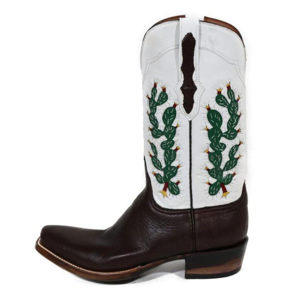Brown & White Square Toe Cactus Embroidered Mid-Calf Cowgirl Boots