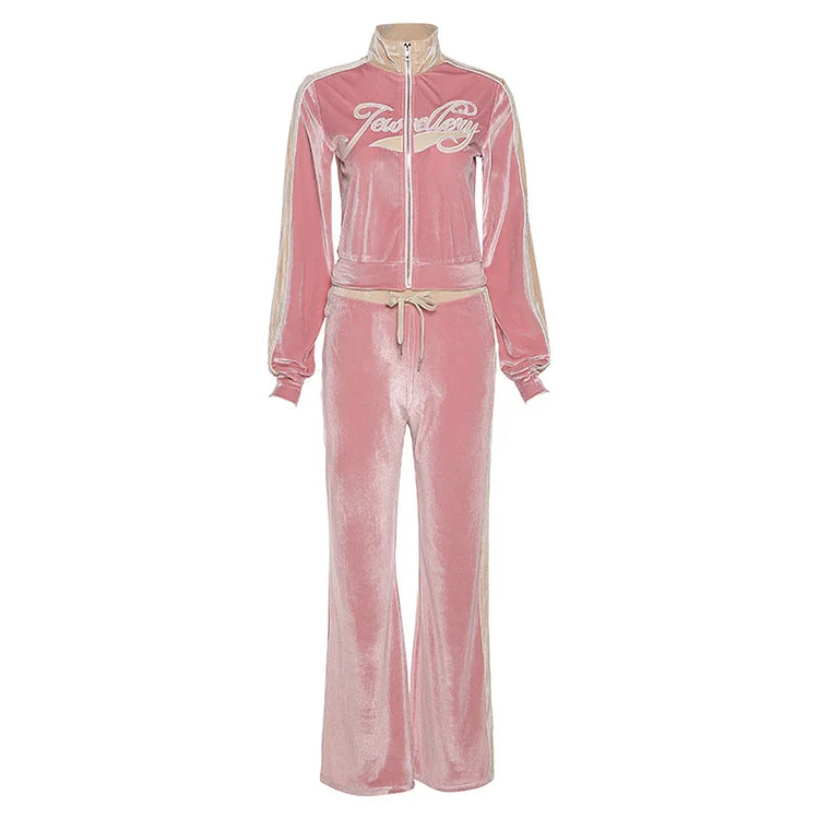 Women Top & Pant 2 Piece Set Autumn and Winter Contrast Color Stitching Letter Embroidery Coat Straight Casual Pants Suit