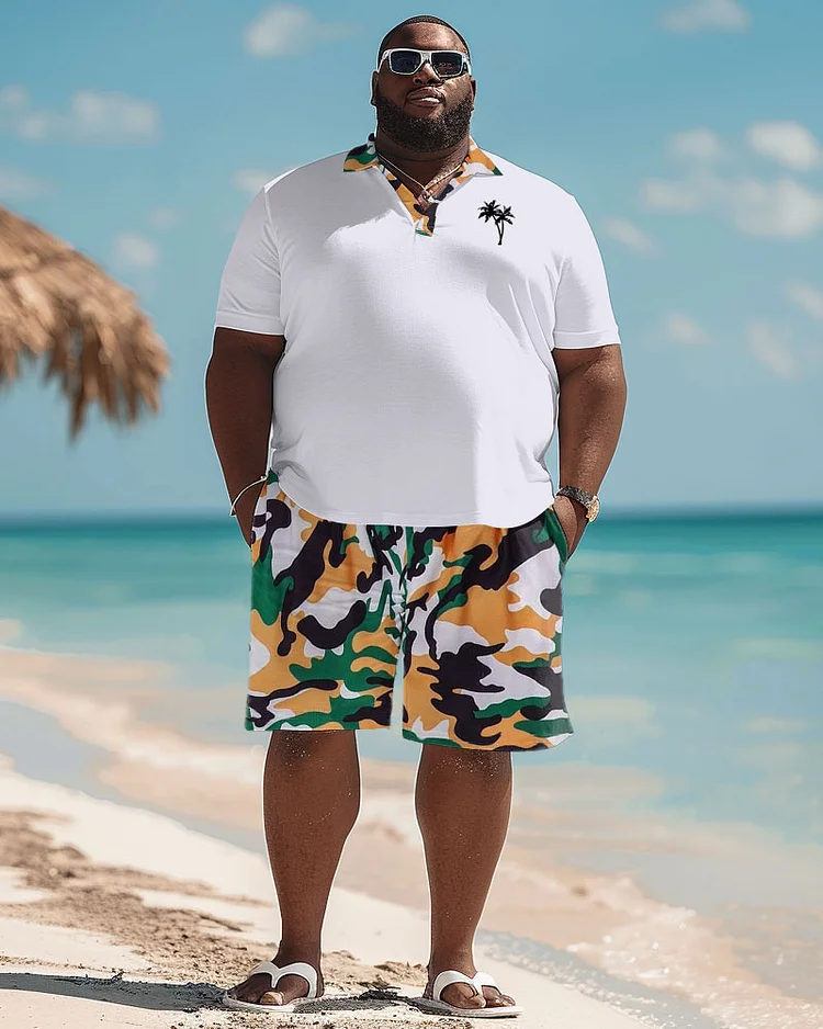 Men's Plus Size Hawaiian Camo Coconut Print Polo Shorts Suit