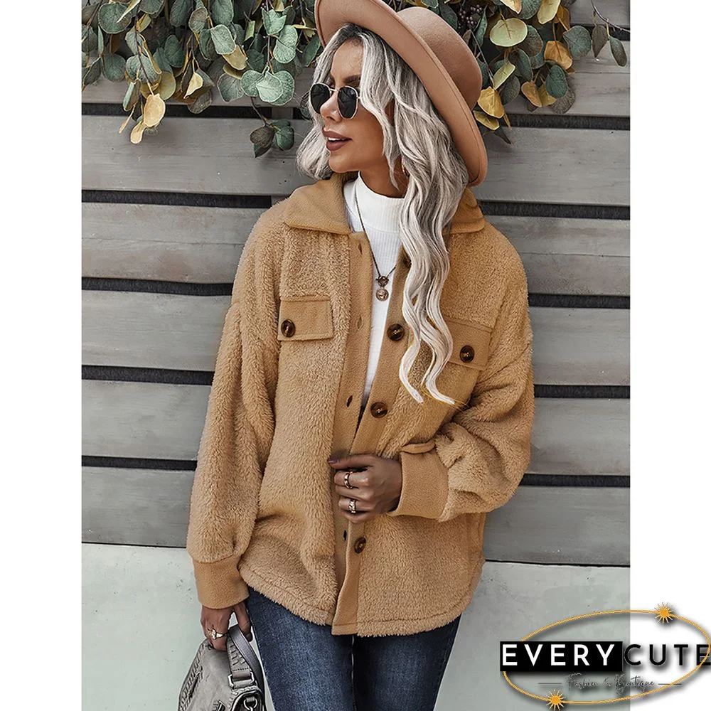 Khaki Double Side Fleece Button Warm Jacket
