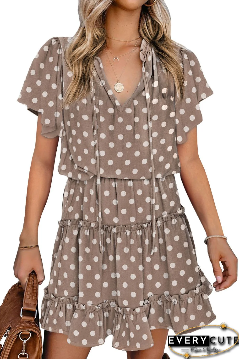 Khaki Dotted Print Split Neck Flutter Sleeve Flowy Tunic Mini Dress