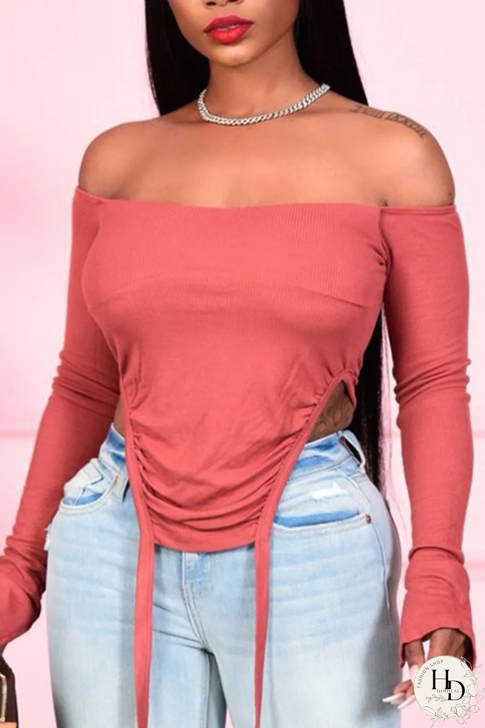 Army Green Sexy Solid Bandage Bateau Neck Tops