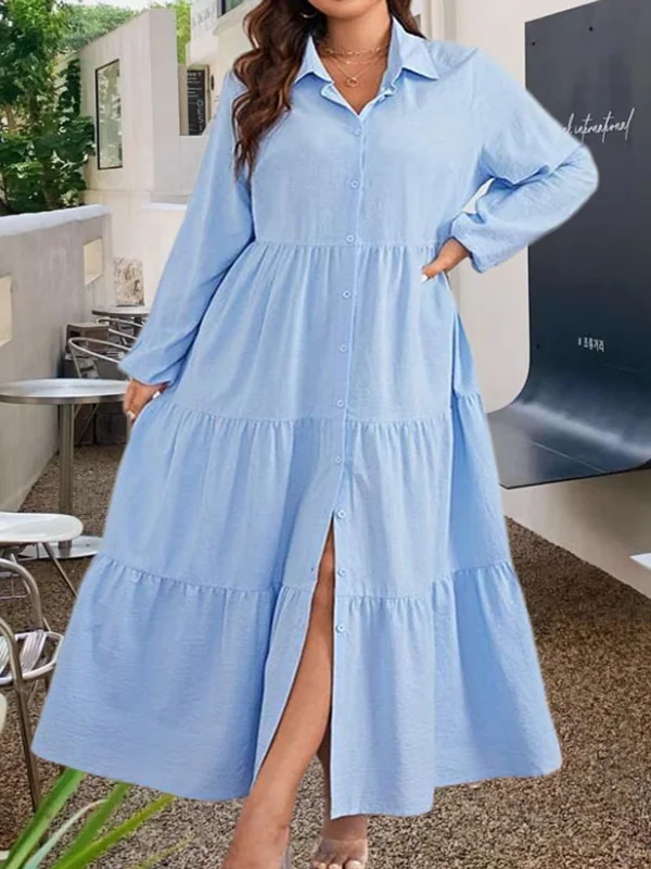 Pleated Solid Color Split-Joint Long Sleeves Loose Lapel Shirt Dress Midi Dresses