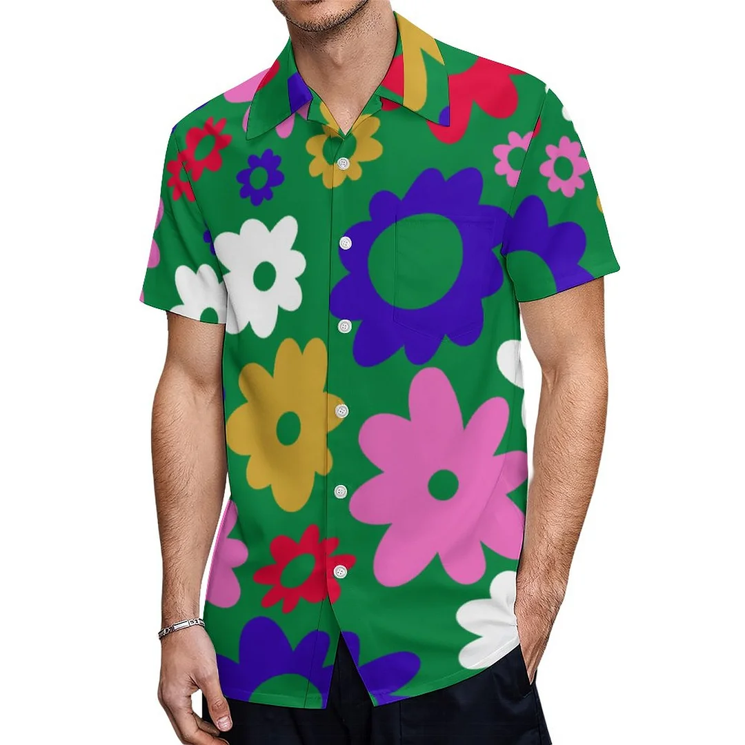 Green Colorful Scandinavian Flower Hawaiian Shirt Mens Button Down Plus Size Tropical Hawaii Beach Shirts