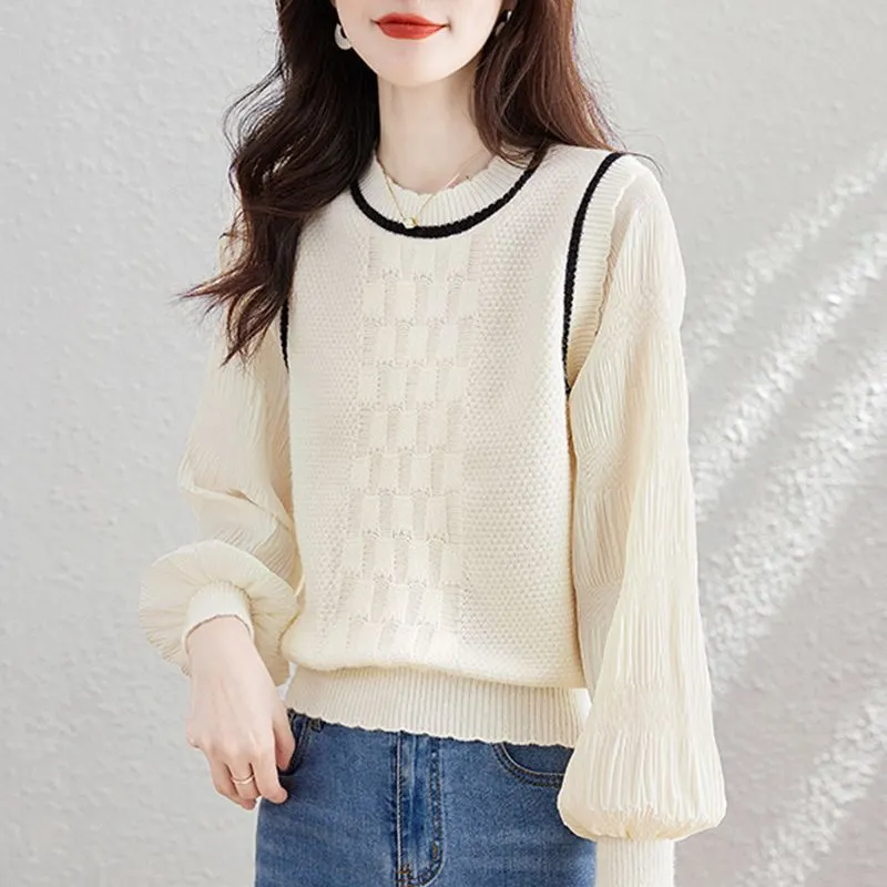 Churchf Churchf New Foreign Style Show Thin Sweater Female False Two Stitching Gauze Sleeve Knit Sweater Autumn And Winter Loose Long-Sleeved Jacket