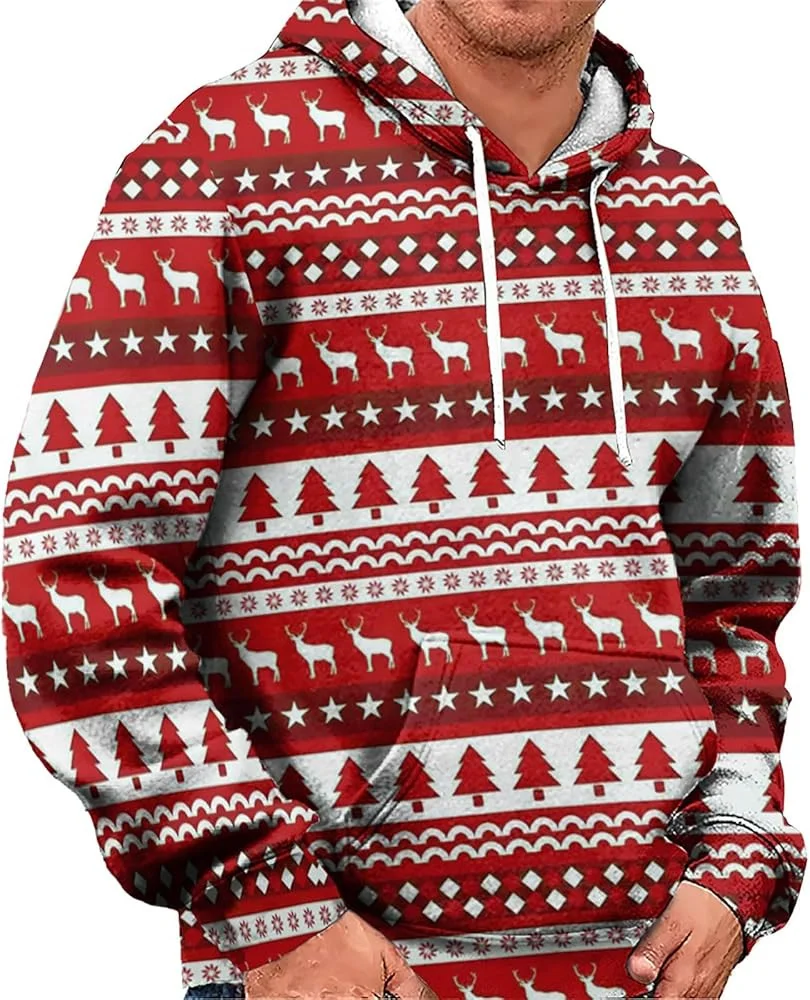 Men's Casual Sports Christmas Reindeer Series 3D Digital Printed Hooded Pullover