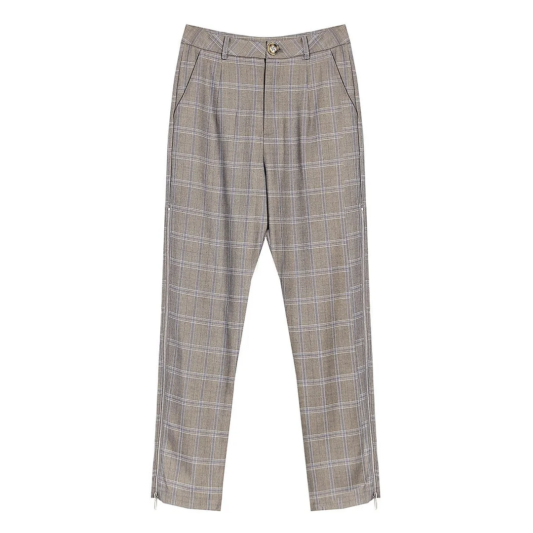 Woherb Fashion Women's New Notched Long Sleeve Plaid Single Button Blazer And High Waist Straight Zipper Pant Summer 2023 17A1629-Outfit Ideas