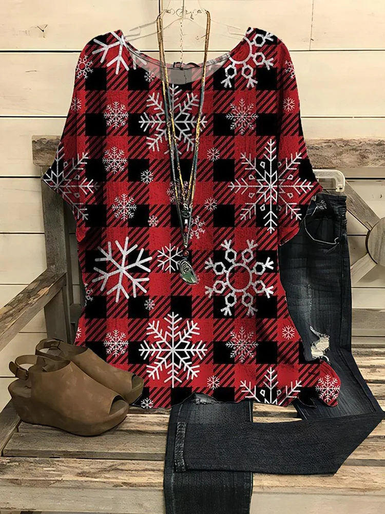 Women's Christmas Snowflake Checked Printed Casual Half Sleeved Top