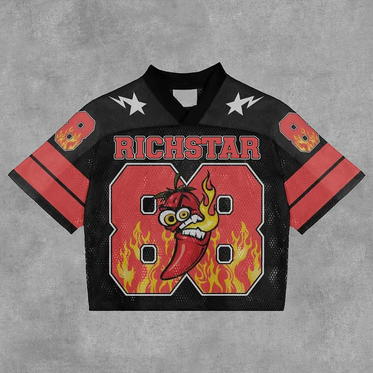 Vintage Rich Star No.8 Graphics Blokecore Blokette Cotton Football V-Neck T-Shirt
