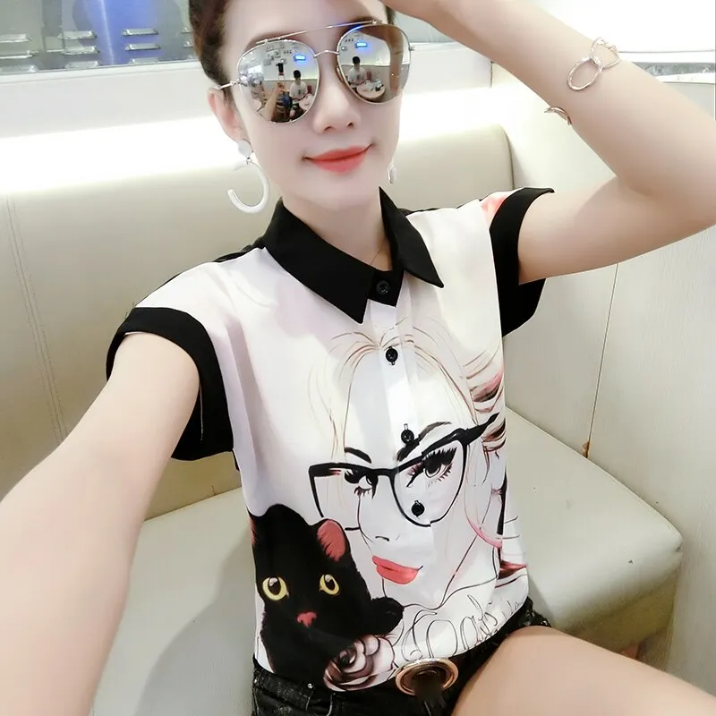Blusas De Gasa Mujer Summer Women Blouse Short Sleeve Shirts Casual Chiffon Blouse Women Printed White Blouses and Tops 4475