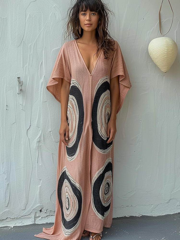 Linen Printed Kaftan Maxi Dress