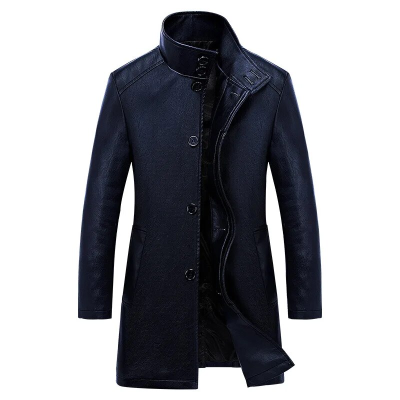 Men's Medium Length Leather Jacket Solid Color Lapel Tight Motorcycle Pu Jacket Business Casual High-quality Men Leather Jacket
