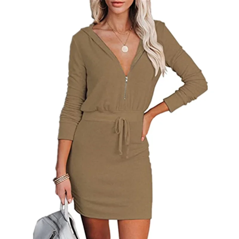 Woman Zip Long Sleeve Hooded Tunic Dress