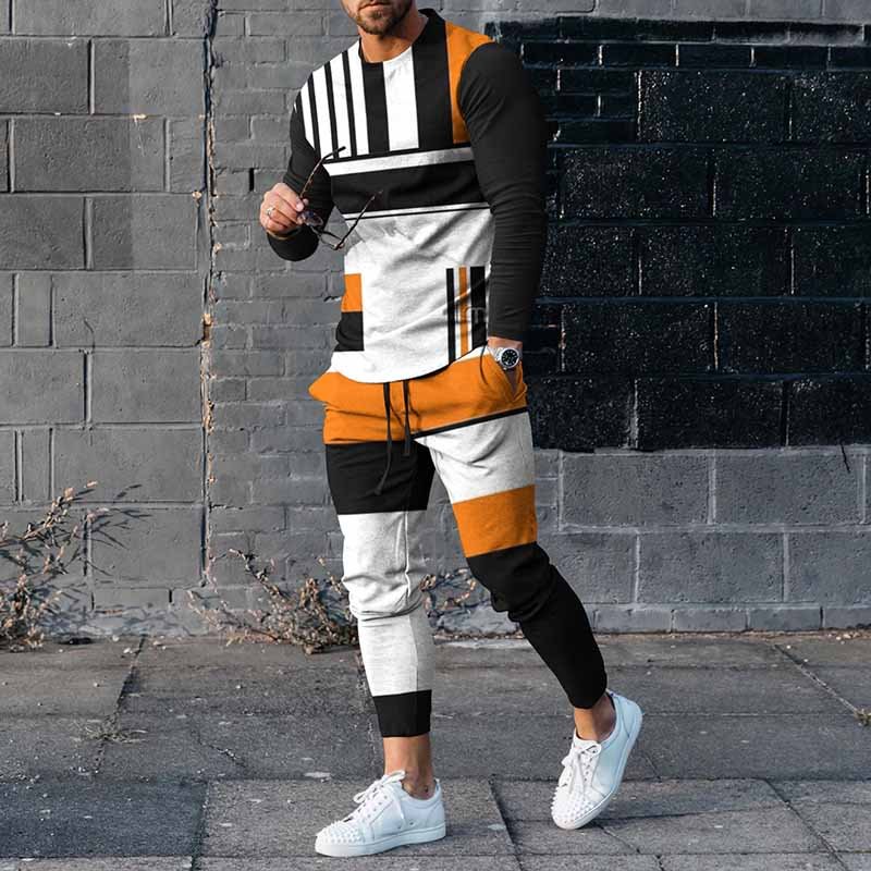Men's Multicolor Geometric Splicing Casual Long Sleeve T-Shirt And Pants