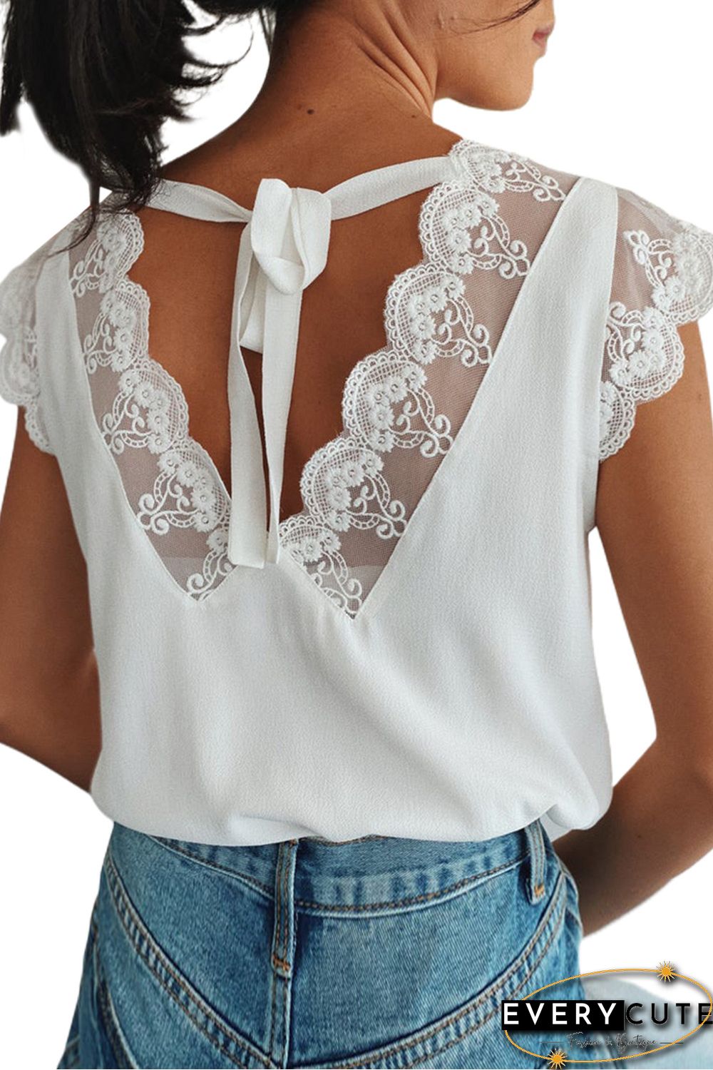 White Lace Patchwork Lace-up Backless V Neck Blouse