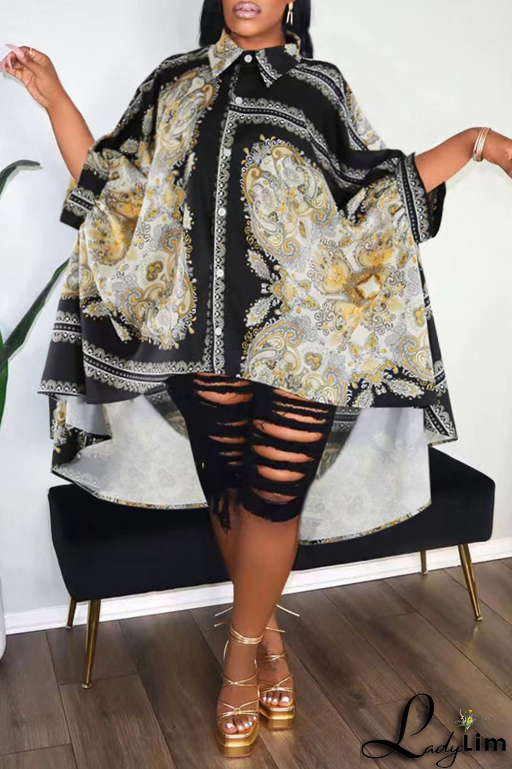 Black Casual Print Split Joint Buckle Turndown Collar Tops