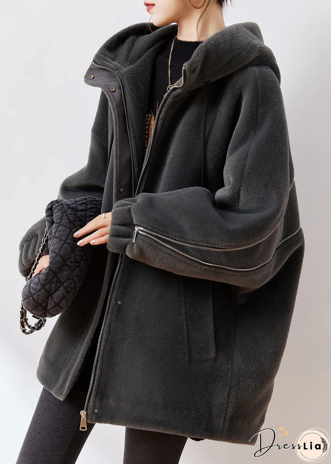Modern Dark Grey Zip Up Cotton Filled Mink Velvet Coats Winter