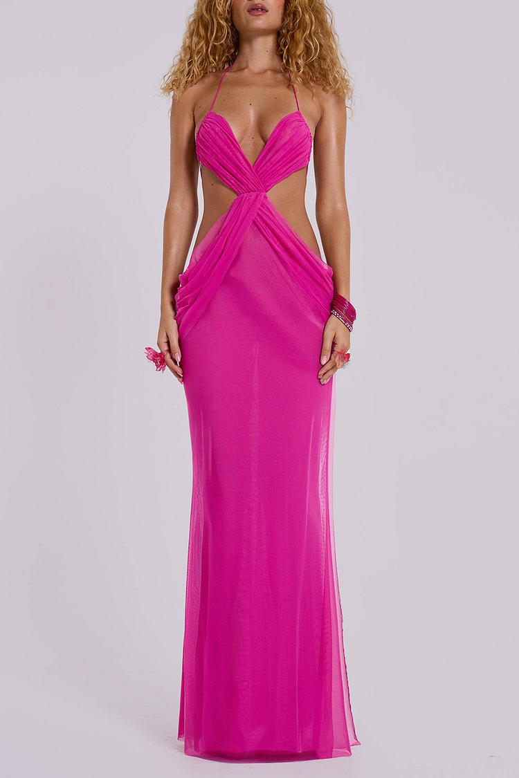 Halter Neck Ruched Cutout Backless Side Slit Maxi Dresses-Fuchsia [Pre Order]