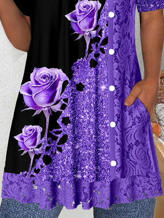 (PRE ORDER)Women's Short Sleeve Scoop Neck Graphic Lace Tops