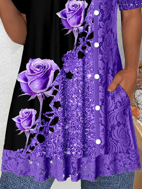 (PRE ORDER)Women's Short Sleeve Scoop Neck Graphic Lace Tops