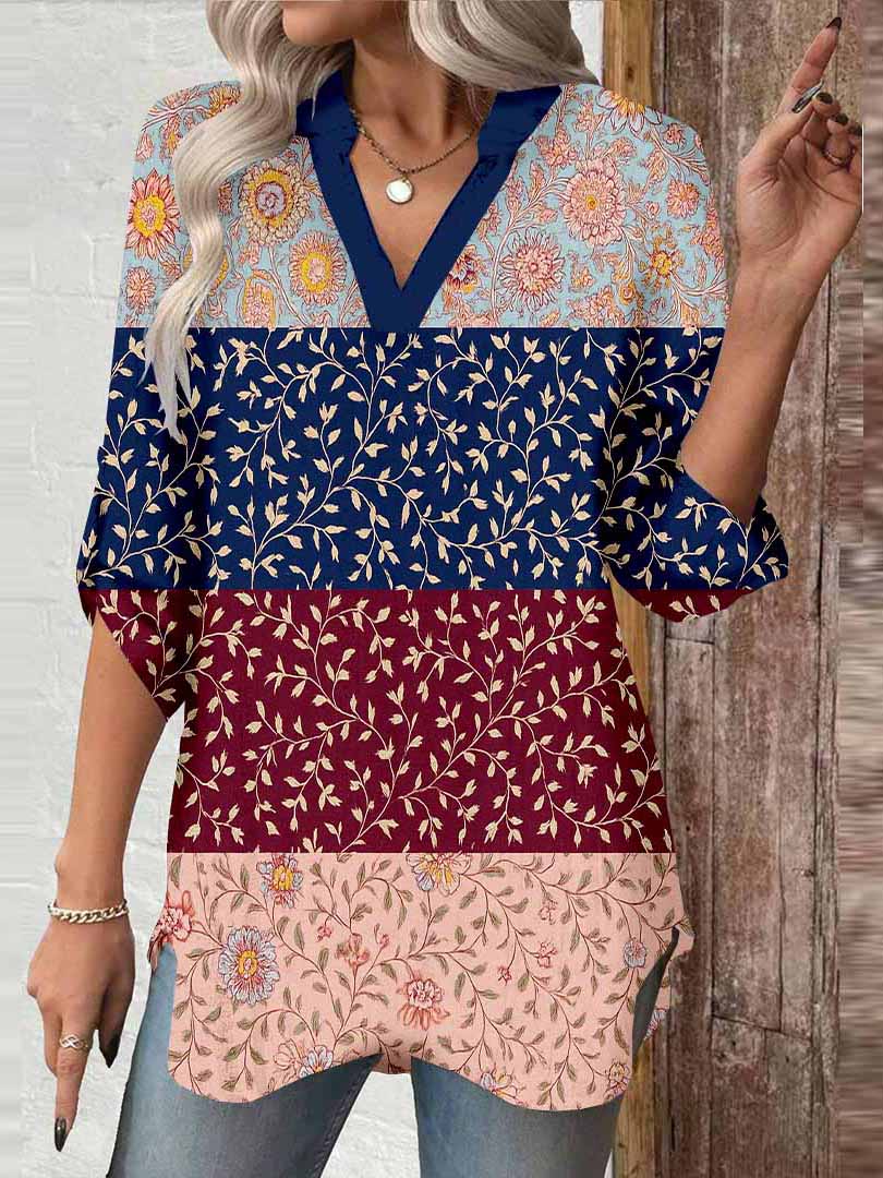Women Floral, Polka Dot, Blue, Red DZGA0342 3/4 Sleeve V-neck Printed Graphic Button Tops
